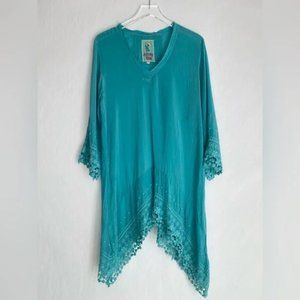 Johnny Was Asymmetrical Tunic Top Shirt Blouse Teal Aqua Green Size L